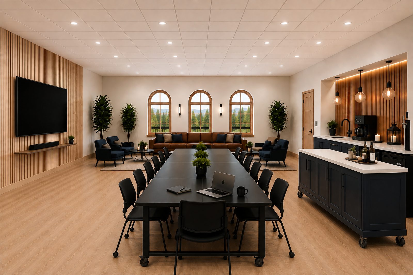 The common area at The Landing set with a long table and rolling chairs, a mounted television on an oak slat wall, lounge seating under arched windows, and a bar with an espresso machine